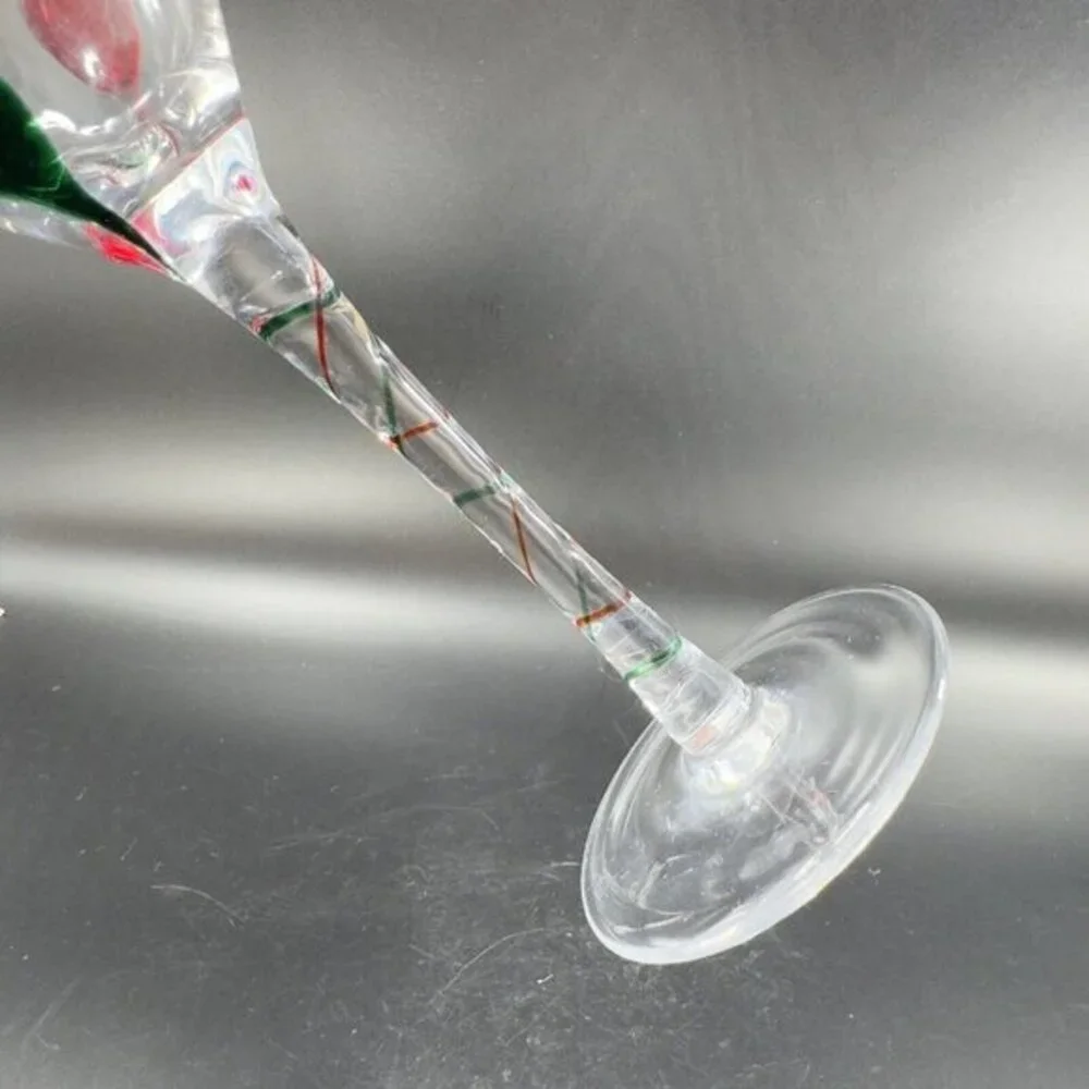 Pier‎ 1 Red Green Swirl Wine Goblet Drinking Glasses Optic Discontinued Set of 2